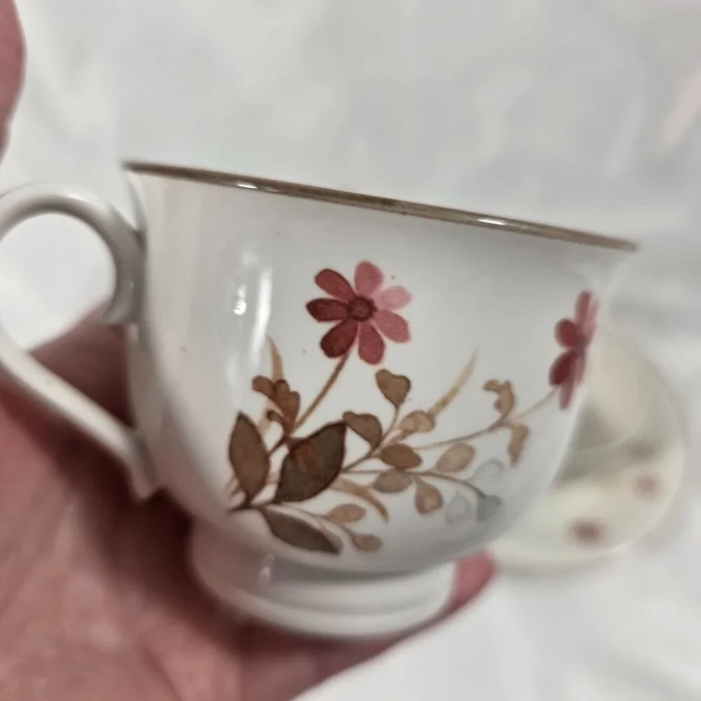 TWO Noritake Versatone Outlook Cup and Saucer Sets Pink Flowers Brown Leaves